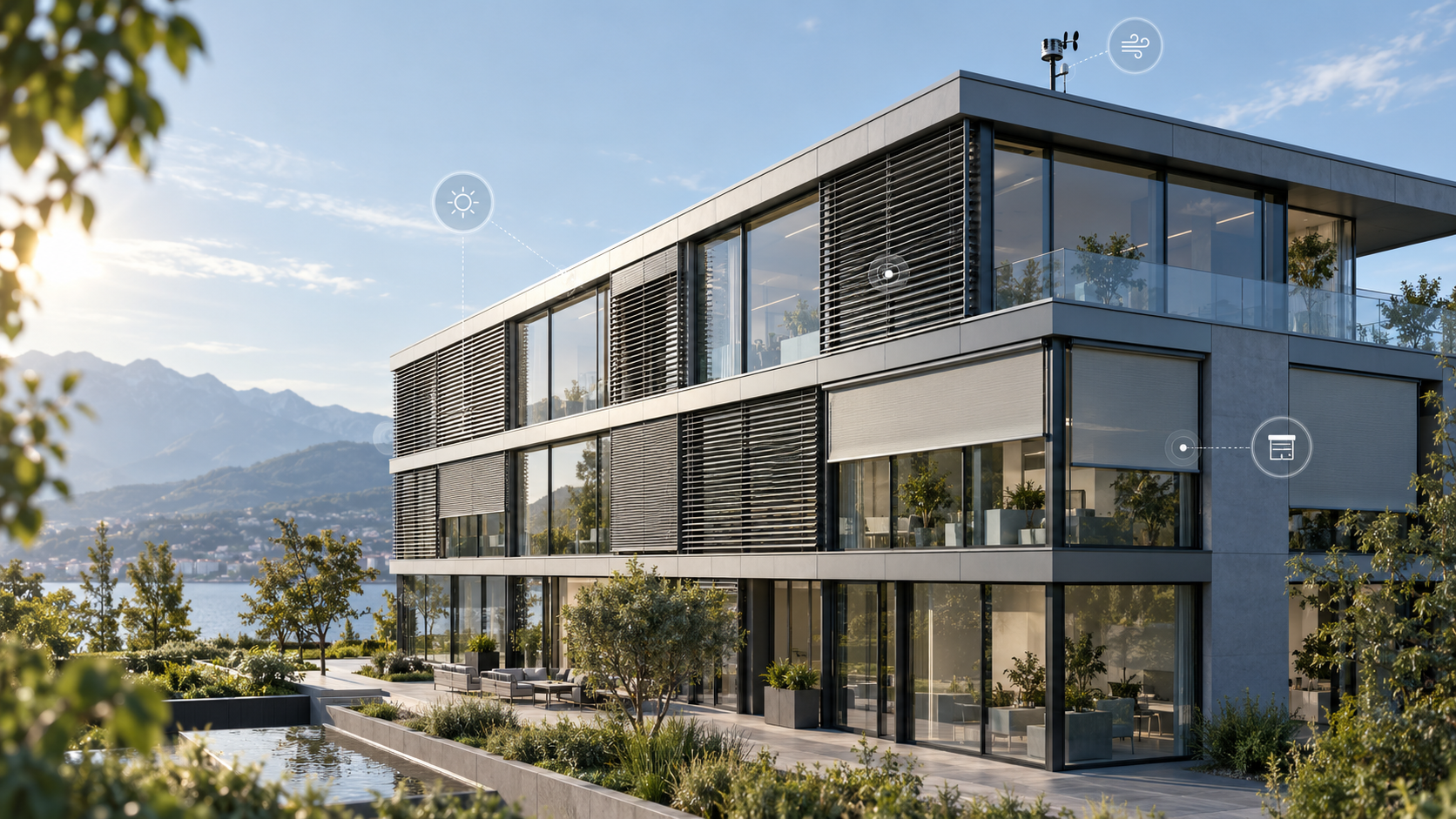 Gestion automatisée de façades avec stores et protections solaires sur un bâtiment contemporain