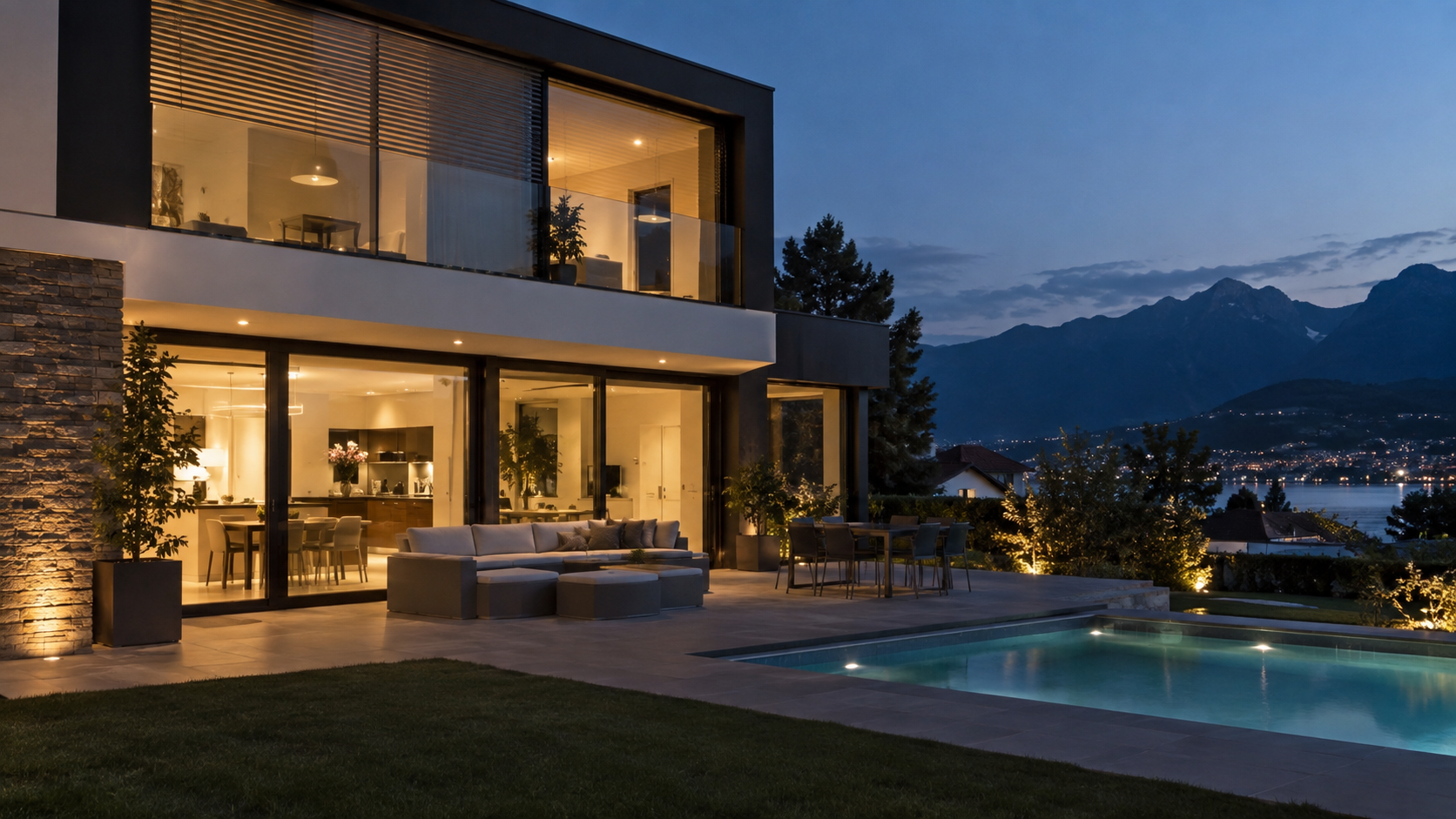 Villa domotique avec piscine au coucher du soleil